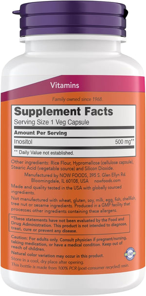 NOW Foods Inositol 500 mg, Superior Myo Inositol Form, for Healthy Membrane Function*, Cellular Health*, Support for Women* Kosher, Suitable for Vegans - 200 Vegetarian Capsules