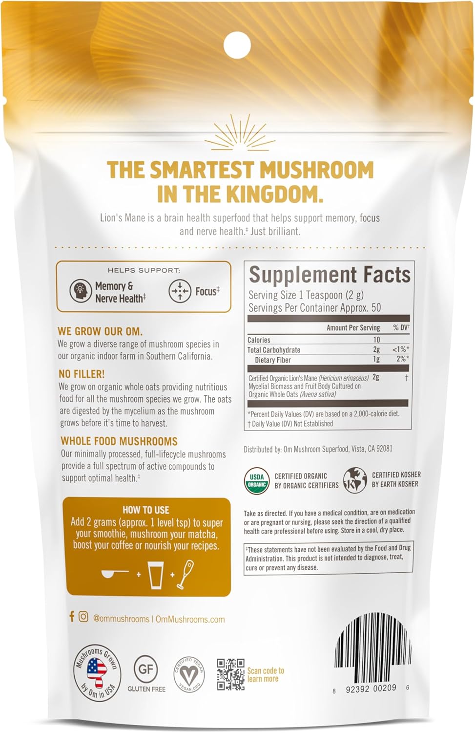 OM MUSHROOM SUPERFOOD Lion&#39;s Mane Organic Mushroom Powder, Improves Memory, Focus, Clarity, Nerve Health, and Mood Support, 3.5 oz, 50 Servings Powder Supplement Pouch