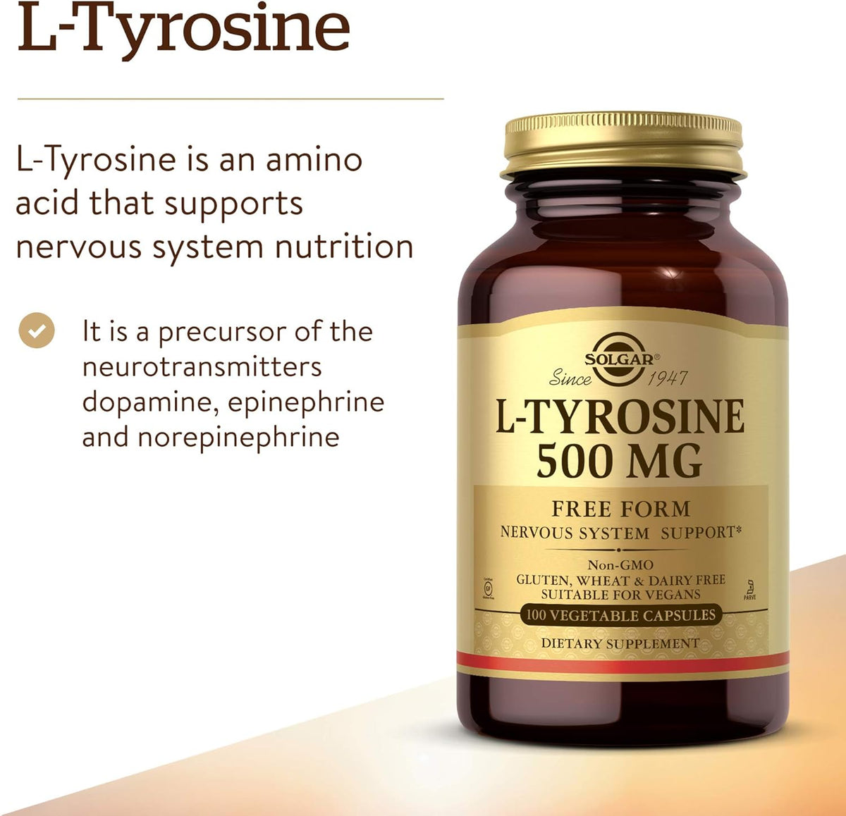 Solgar L-Tyrosine 500 mg, 100 Vegetable Capsules - Brain &amp; Nervous System Support - Vegan, Gluten Free, Dairy Free, Kosher - 100 Servings ,Standard Packaging