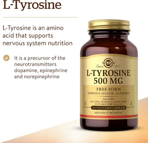 Solgar L-Tyrosine 500 mg, 100 Vegetable Capsules - Brain & Nervous System Support - Vegan, Gluten Free, Dairy Free, Kosher - 100 Servings ,Standard Packaging