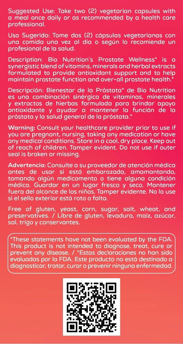 Bio Nutrition Prostate Wellness Support Supplement 60 Vegetarian Capsules | Natural Formula for Men’s Health | Promotes Healthy Prostate Function | Supports Urinary Health &amp; Hormonal Balance