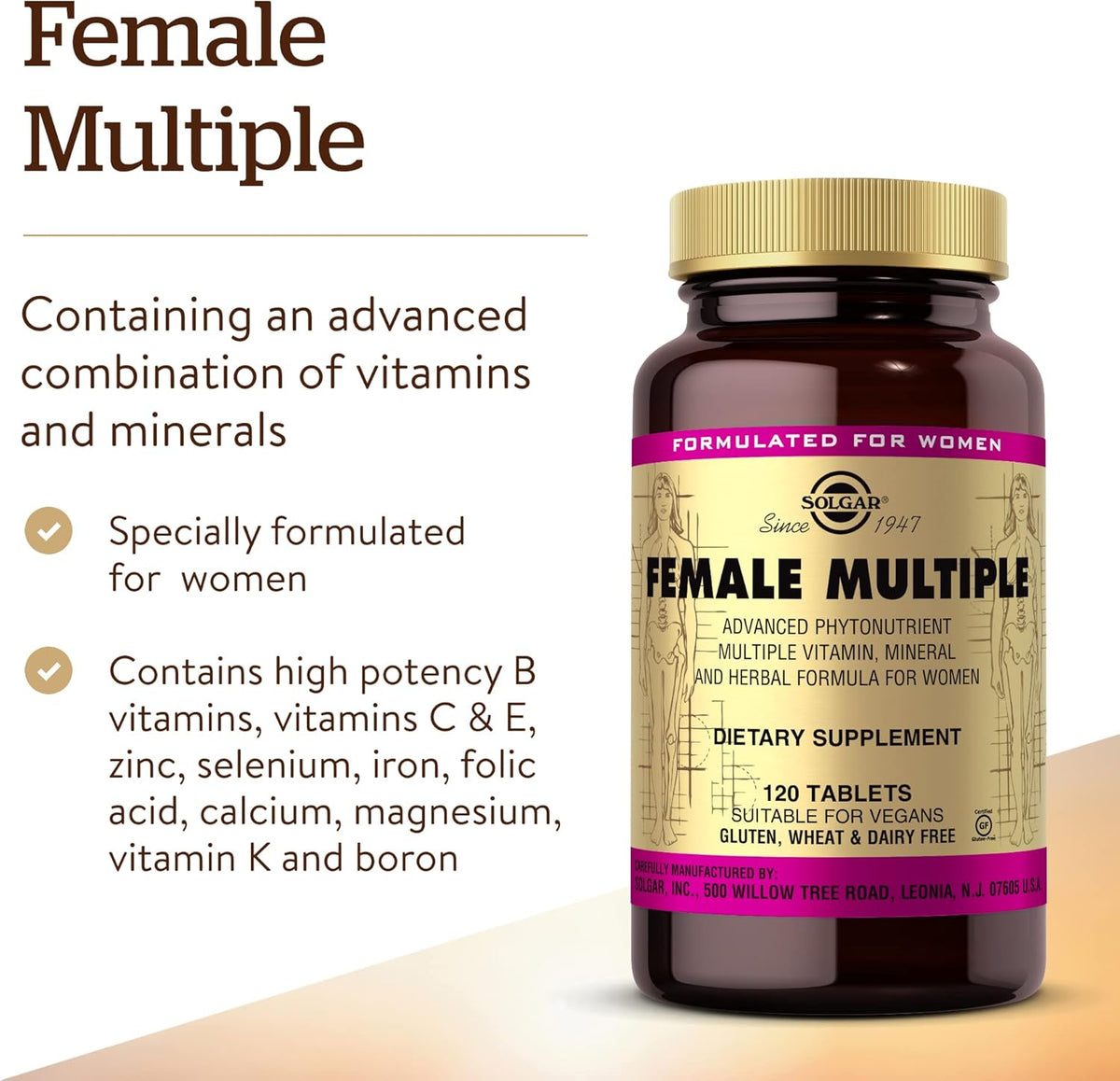Solgar Female Multiple, 120 Tablets - Multivitamin, Mineral &amp; Herbal Formula for Women - Advanced Phytonutrient - Vegan, Gluten Free, Dairy Free, Kosher - 40 Servings