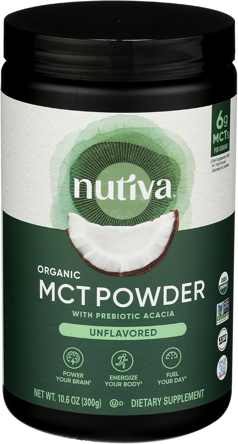 Nutiva Organic MCT Powder with Prebiotic Acacia Fiber, Classic, 10.6 Oz, USDA Organic, Non-GMO, Non-BPA, Vegan, Gluten-Free, Keto &amp; Paleo, Instant Beverage or Boost to Coffee &amp; Smoothies