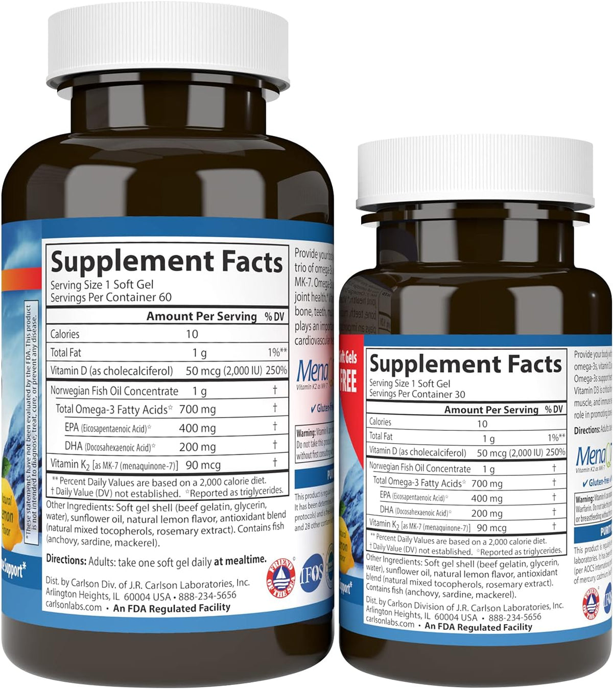 Carlson - Elite Omega-3 Plus D &amp; K, 700 mg Omega-3s + D3 &amp; K2, Function, Bone Health &amp; Immune Support, Lemon, 60+30 Softgel