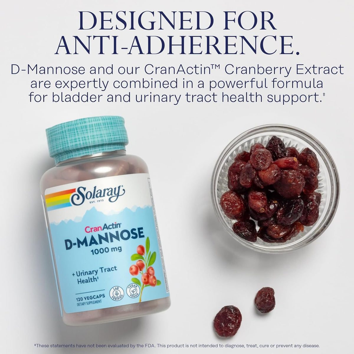 SOLARAY D-Mannose 1000mg with CranActin Cranberry Extract - D Mannose and Cranberry Supplement with Vitamin C - Supports Urinary Tract Health - Vegan, 60-Day Guarantee, 60 Serv, 120 VegCaps