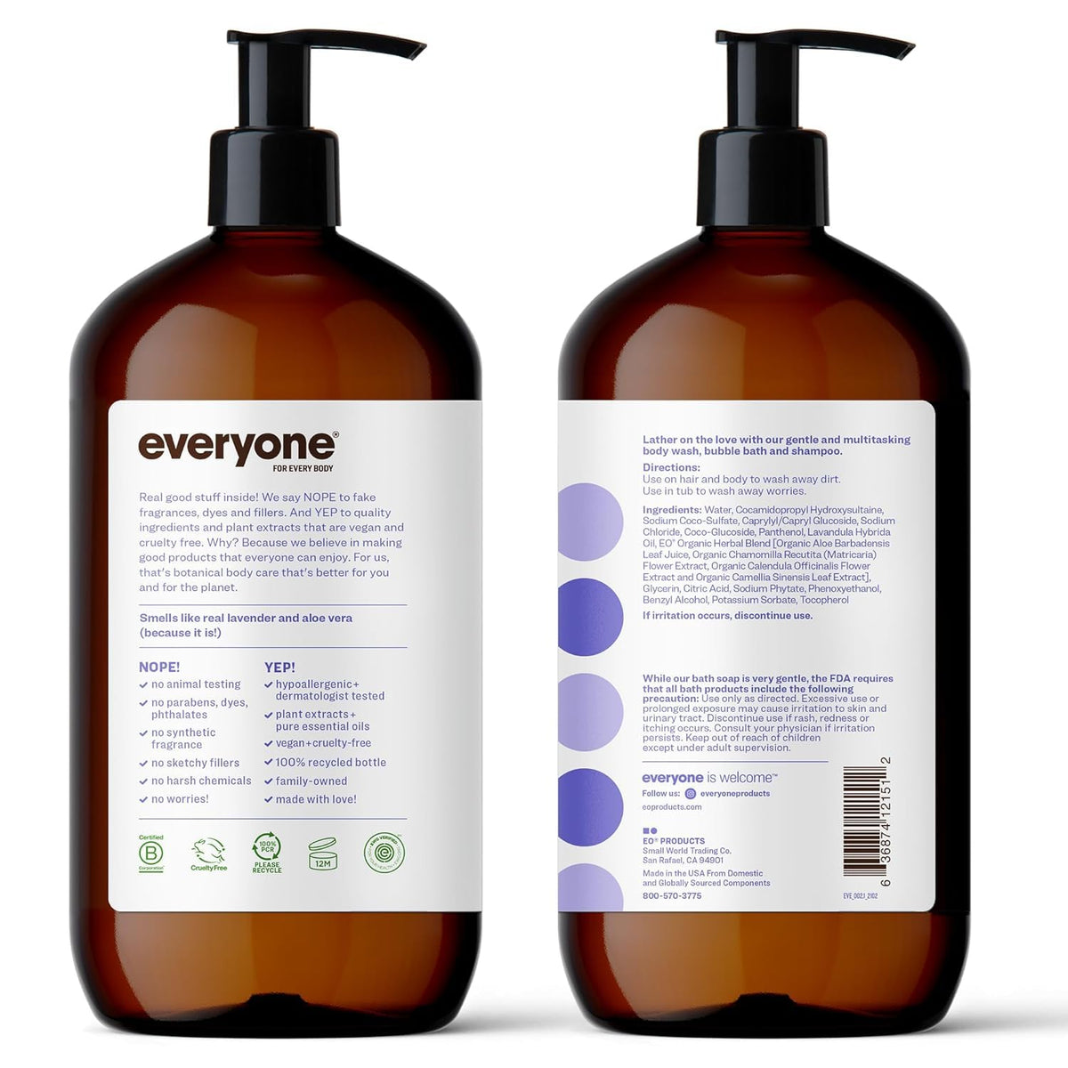 Everyone 3-in-1 Soap, Body Wash, Bubble Bath, Shampoo, 32 Ounce (Pack of 1), Lavender and Aloe, Coconut Cleanser with Organic Plant Extracts and Pure Essential Oils