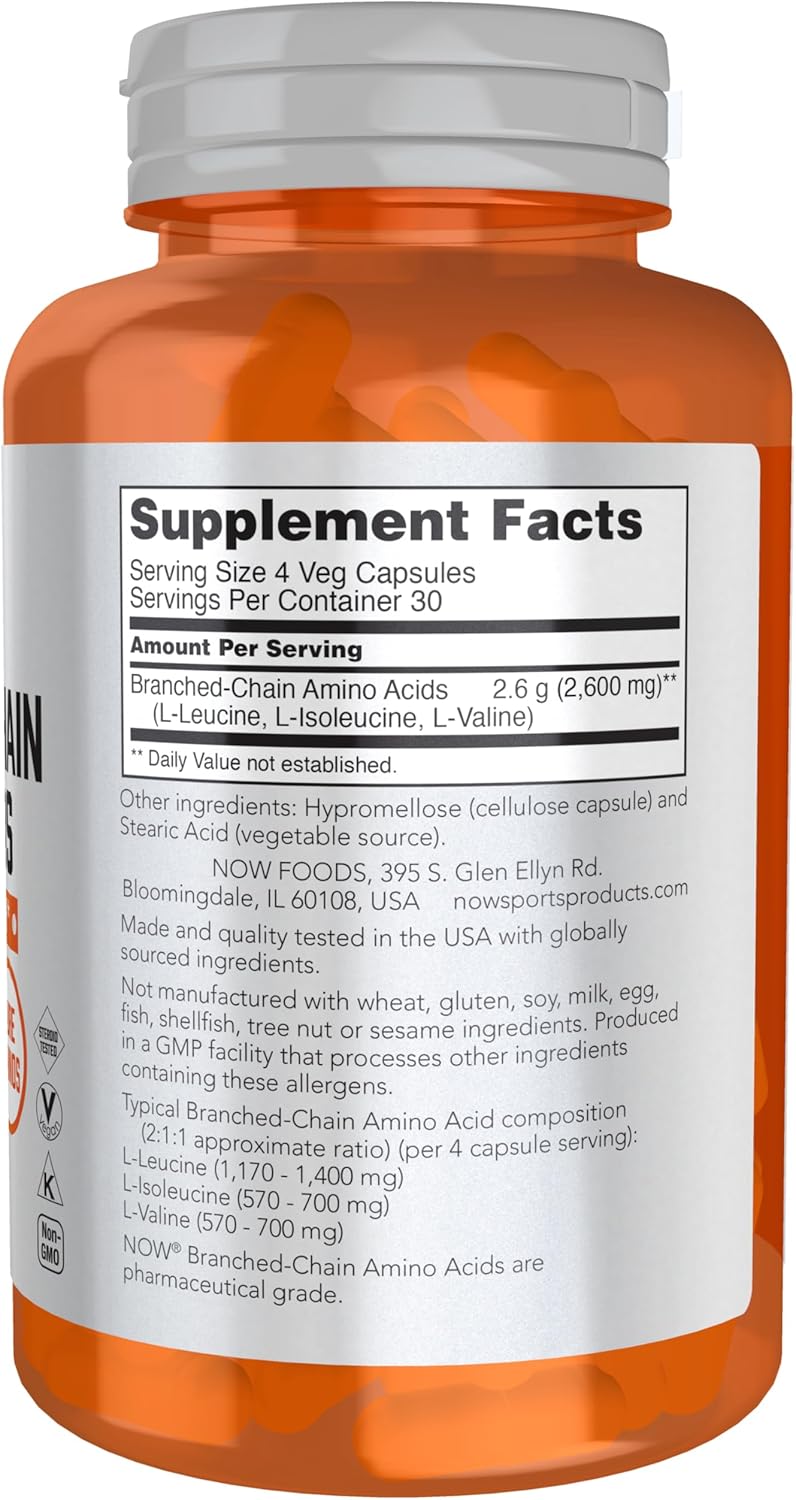 NOW Foods Sports Nutrition, Branched Chain Amino Acids, With Leucine, Isoleucine and Valine, 120 Veg Capsules