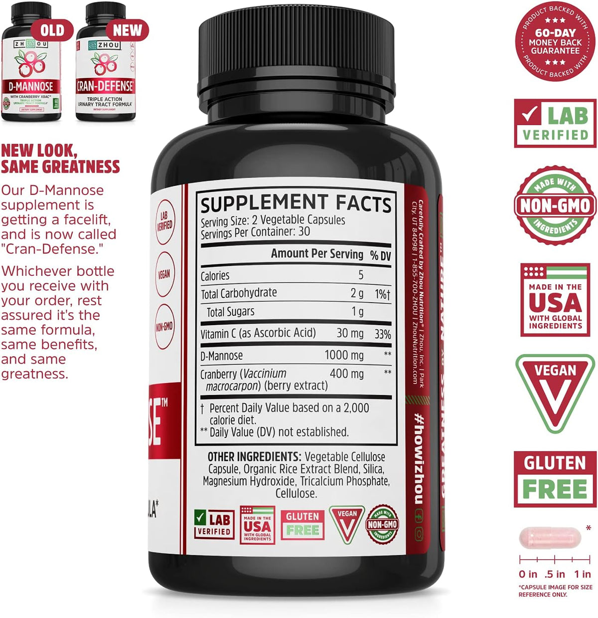 Zhou Cran-Defense - Cranberry Pills for Women &amp; Men, D Mannose with Cranberry Extract, 1000 mg D-Mannose Per Capsule for Urinary Tract Health, Antioxidant Support - 60 Veggie Capsules