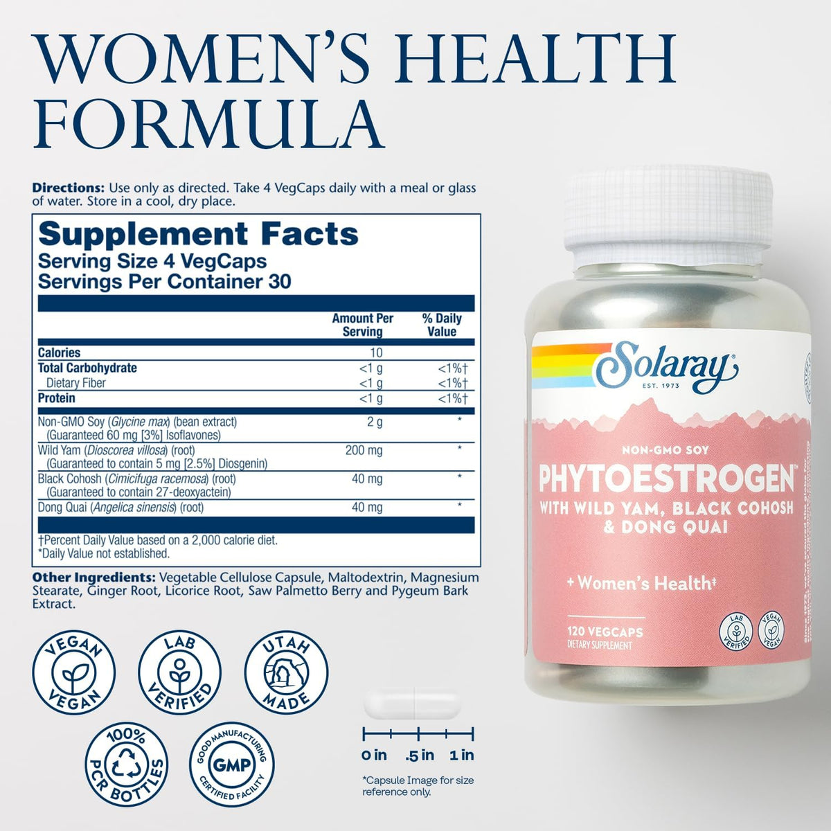 SOLARAY PhytoEstrogen Menopause Supplements - Wild Yam, Black Cohosh, and Dong Quai Estrogen Pills for Women&#39;s Health - Vegan, Lab Verified, 60-Day Guarantee (30 Servings, 120 VegCaps)
