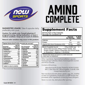 NOW Foods Sports Nutrition, Amino Complete™, Protein Blend With 21 Aminos and B-6, 360 Veg Capsules