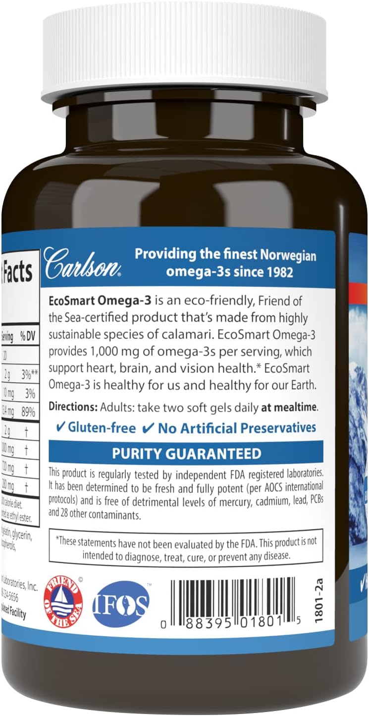 Carlson - EcoSmart Omega-3, Sustainable Source, Promotes Heart, Brain, Vision &amp; Joint Health, Lemon, 90 soft gels