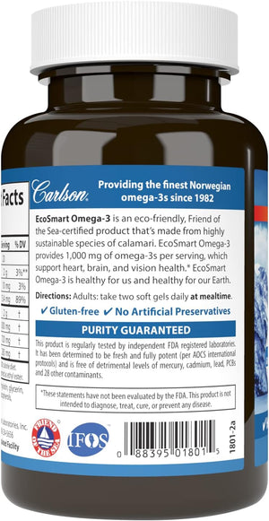 Carlson - EcoSmart Omega-3, Sustainable Source, Promotes Heart, Brain, Vision & Joint Health, Lemon, 90 soft gels