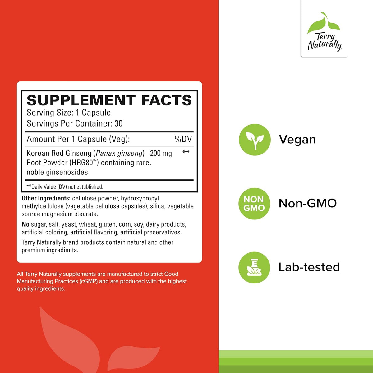 Terry Naturally HRG80 Red Ginseng Energy - Supplement to Support Healthy Energy &amp; Focus - Herbal Supplement with Korean Red Ginseng Root Powder - Vegan Tablets to Aid Healthy Endurance - 30 Capsules