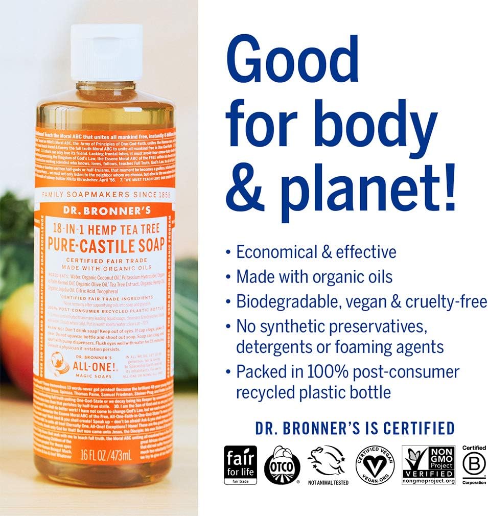 Dr. Bronner&#39;s - Pure-Castile Liquid Soap (Tea Tree, 16 ounce) - Made with Organic Oils, 18-in-1 Uses: Acne-Prone Skin, Dandruff, Laundry, Pets and Dishes, Concentrated, Vegan, Non-GMO