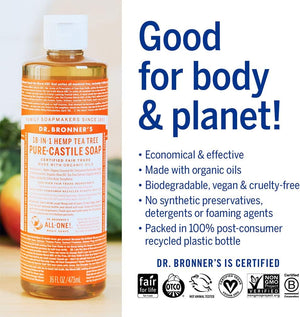 Dr. Bronner's - Pure-Castile Liquid Soap (Tea Tree, 16 ounce) - Made with Organic Oils, 18-in-1 Uses: Acne-Prone Skin, Dandruff, Laundry, Pets and Dishes, Concentrated, Vegan, Non-GMO