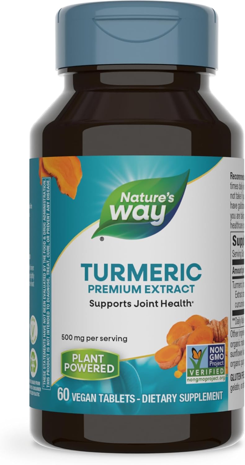 Nature&#39;s Way Turmeric, Premium Extract, Supports Joint Health*, Standardized to 95% Curcuminoids, 500 mg per Serving, Non-GMO Project Verified, 60 Tablets