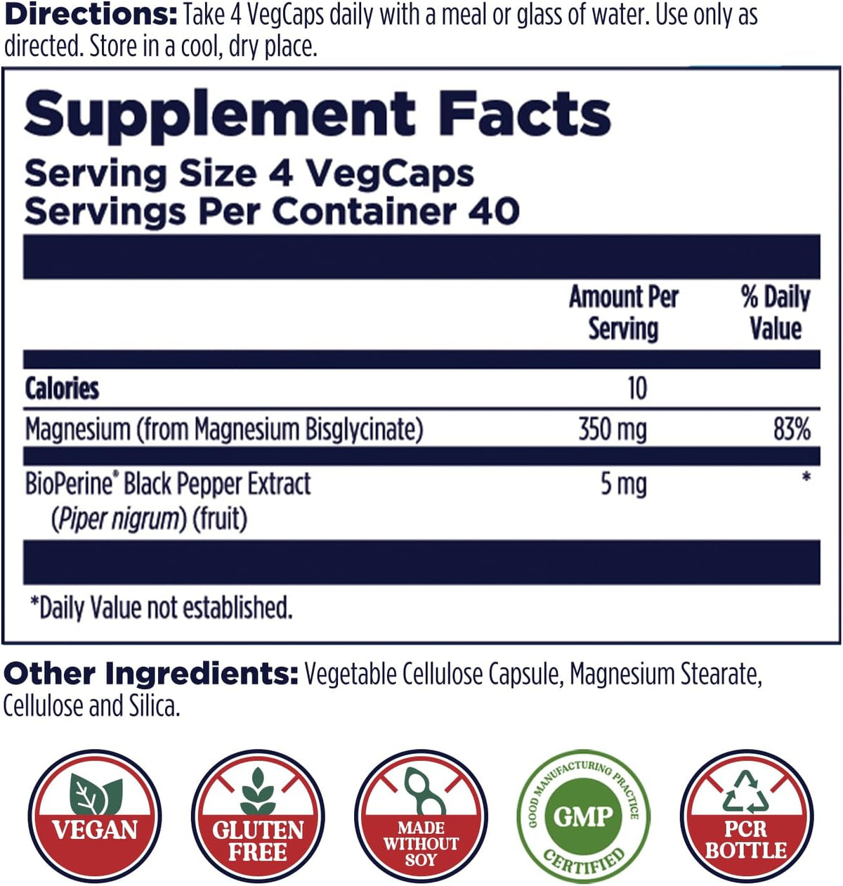 KAL Magnesium Glycinate 350, 160 VegCaps