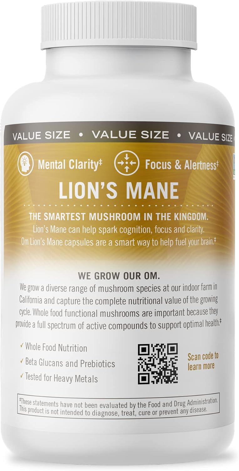 OM MUSHROOM SUPERFOOD Lion&#39;s Mane Mushroom Capsules Superfood Supplement, 180 Count, 60 Days, Fruit Body and Mycelium Nootropic for Memory Support, Focus, Clarity, Nerve Health, Creativity and Mood
