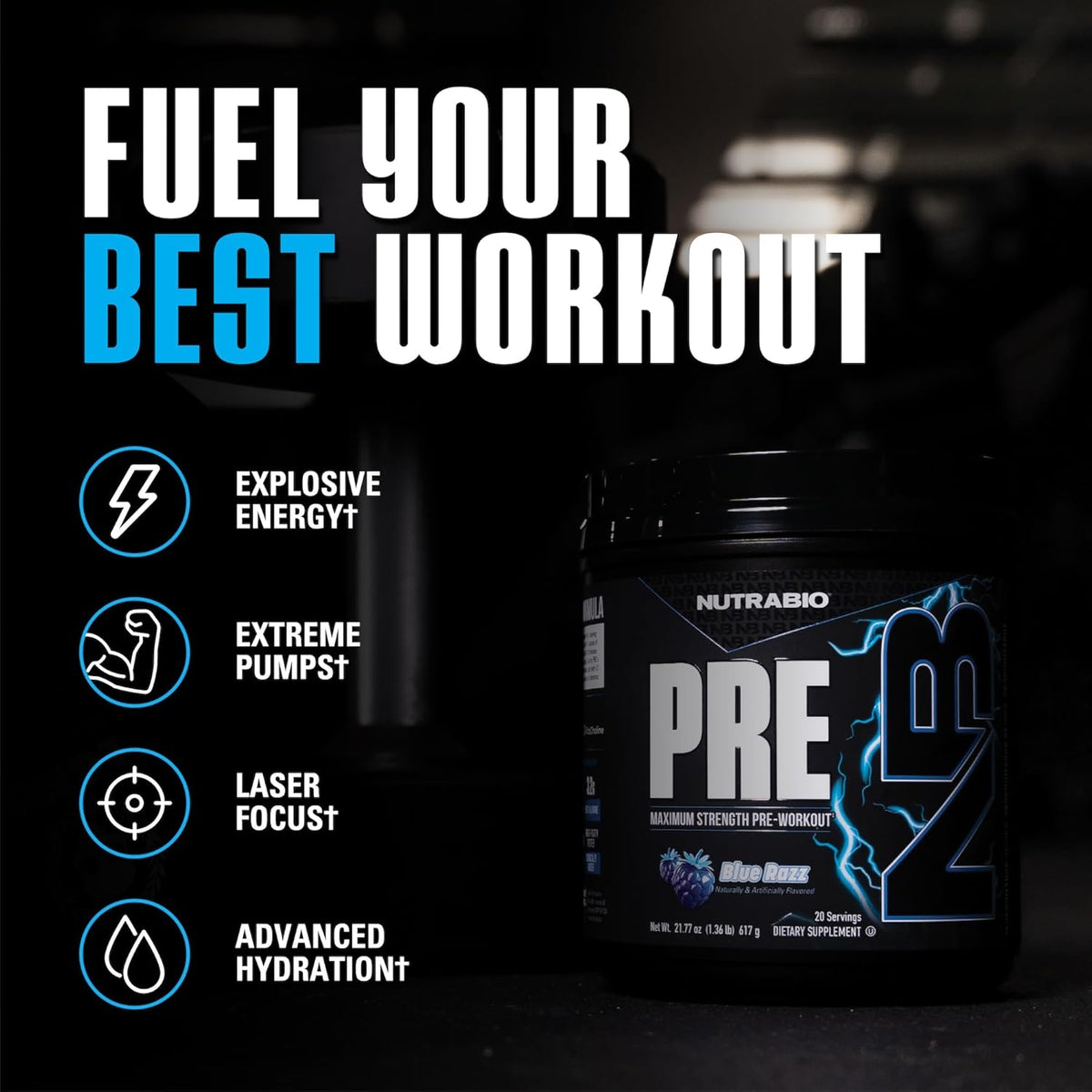 NutraBio PRE Workout Powder - New Formula- Sustained Energy, Mental Focus, Endurance - Beta Alanine, Caffeine, Electrolytes - 20 Servings - Blue Razz