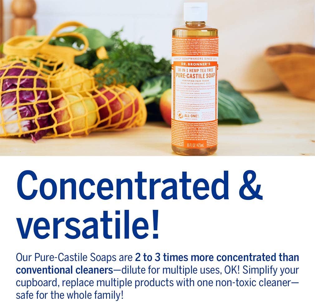 Dr. Bronner&#39;s - Pure-Castile Liquid Soap (Tea Tree, 16 ounce) - Made with Organic Oils, 18-in-1 Uses: Acne-Prone Skin, Dandruff, Laundry, Pets and Dishes, Concentrated, Vegan, Non-GMO