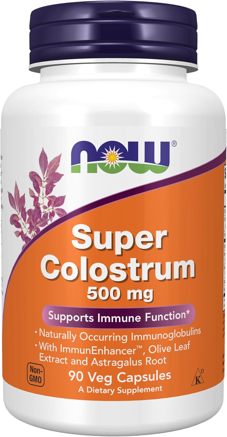 NOW Foods Supplements, Super Colostrum 500 mg, Naturally occurring Immunoglobulins with ImmunEnhancer™, Olive Leaf Extract and Astragalus Root, 90 Veg Capsules