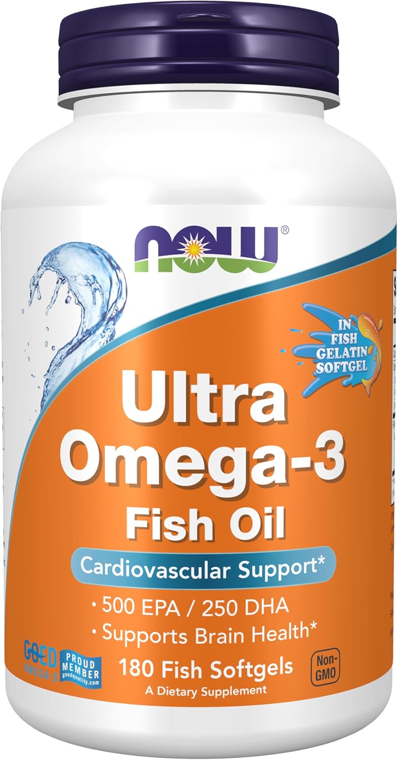 NOW Supplements, Ultra Omega-3, 500 EPA and 250 DHA, Cardiovascular Support*, 180-Fish Gelatin Softgels…