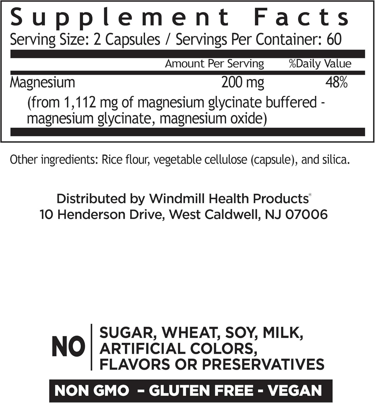 Windmill Natural Vitamins Magnesium Glycinate 200 mg, Supports Muscle, Joint, and Heart Health, Energy and Bone Support, Veggie Capsules, Gluten Free, Vegan, Non-GMO, 120 Capsules