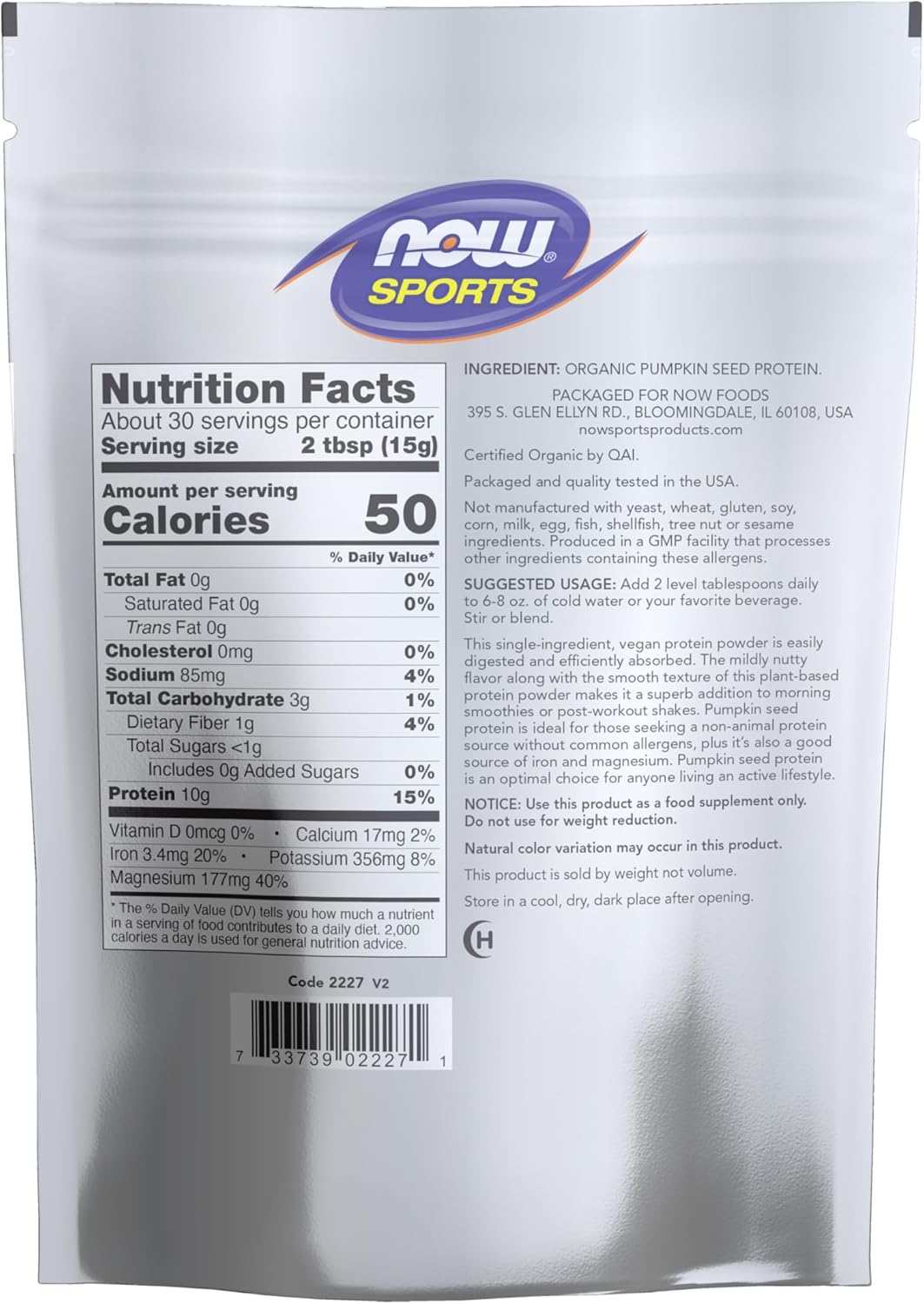 NOW Foods Sports Nutrition, Organic Pumpkin Seed Protein Powder With 10g of Protein, Certified Non-GMO, Unflavored, 1-Pound