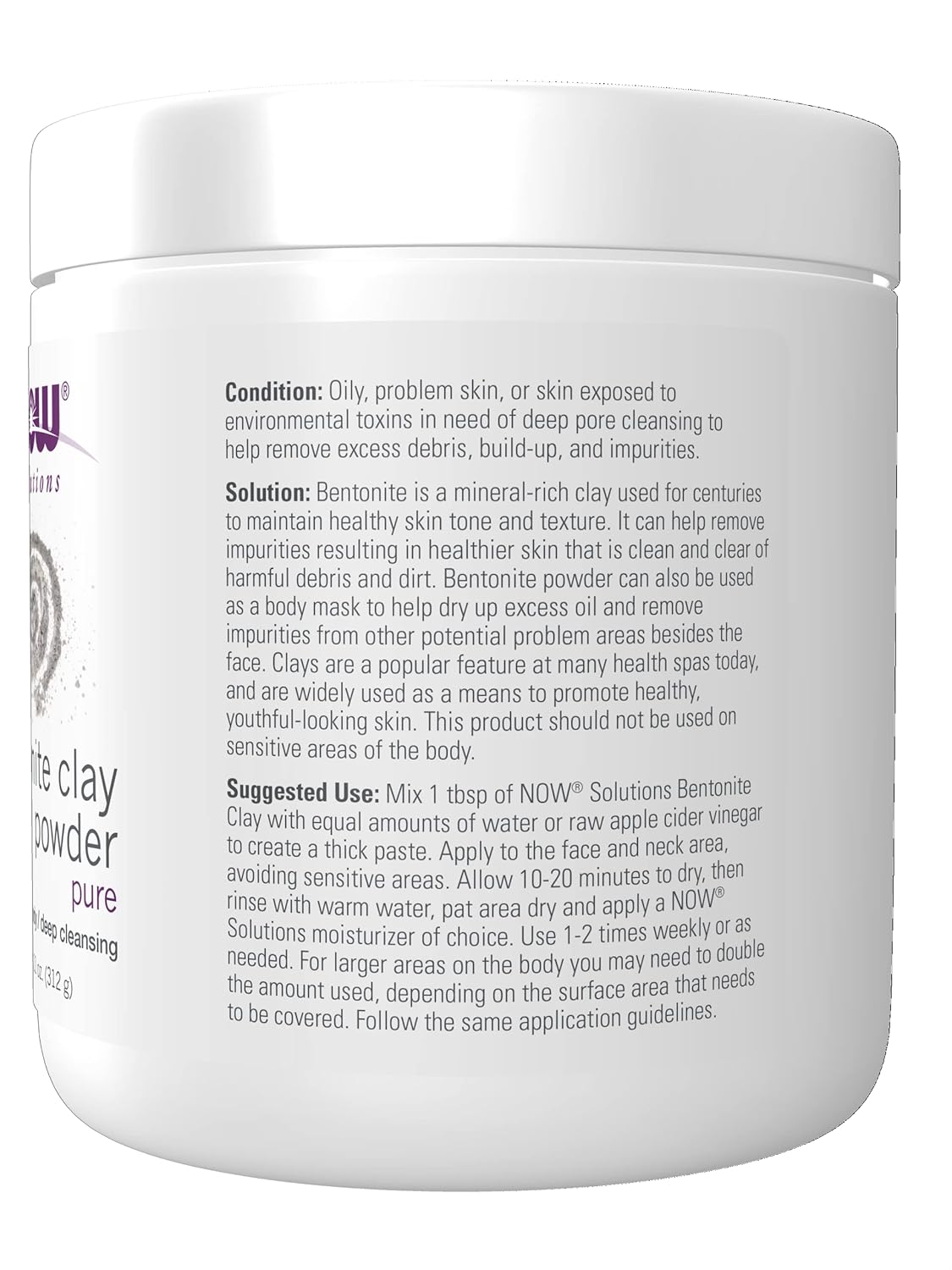NOW Foods Solutions, Bentonite Clay Powder, Pure Powder for Face and Body, Great for Oily Problem Skin, 11-Ounce