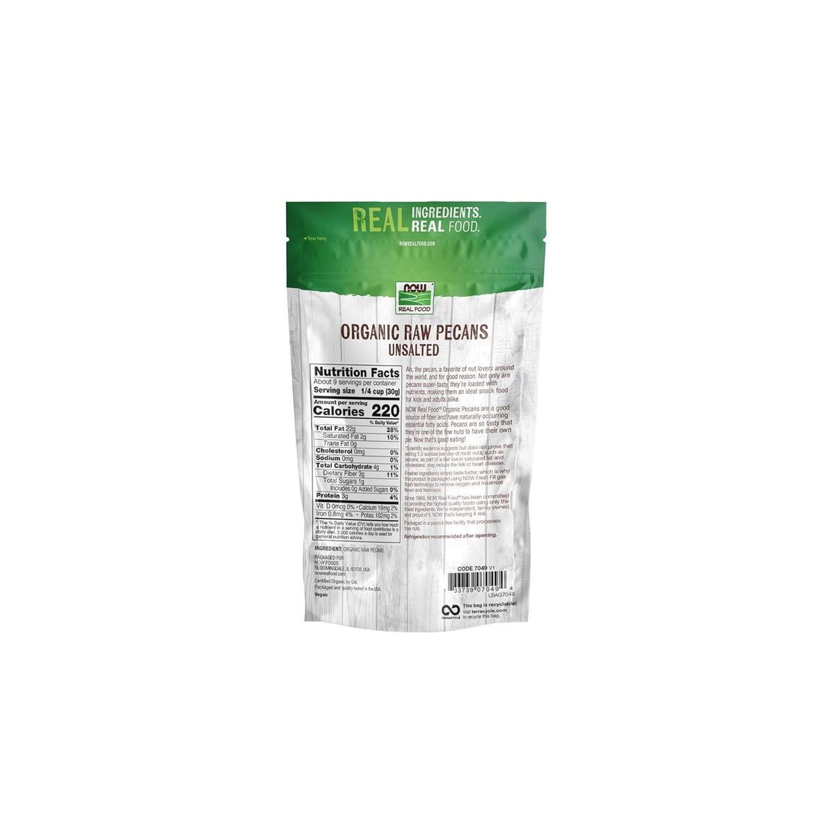 NOW Real Food, Raw, Unsalted, Organic Pecans, no added oils, 10 oz