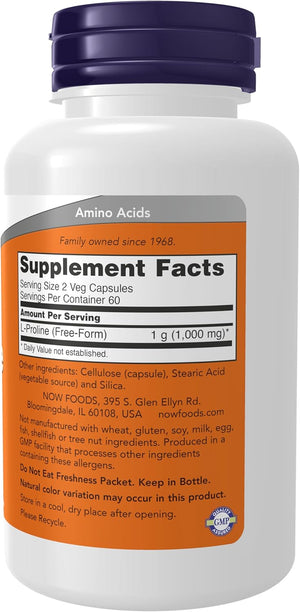 NOW Foods Supplements, L-Proline 500 mg, Collagen Production*, Structural Support*, 120 Veg Capsules