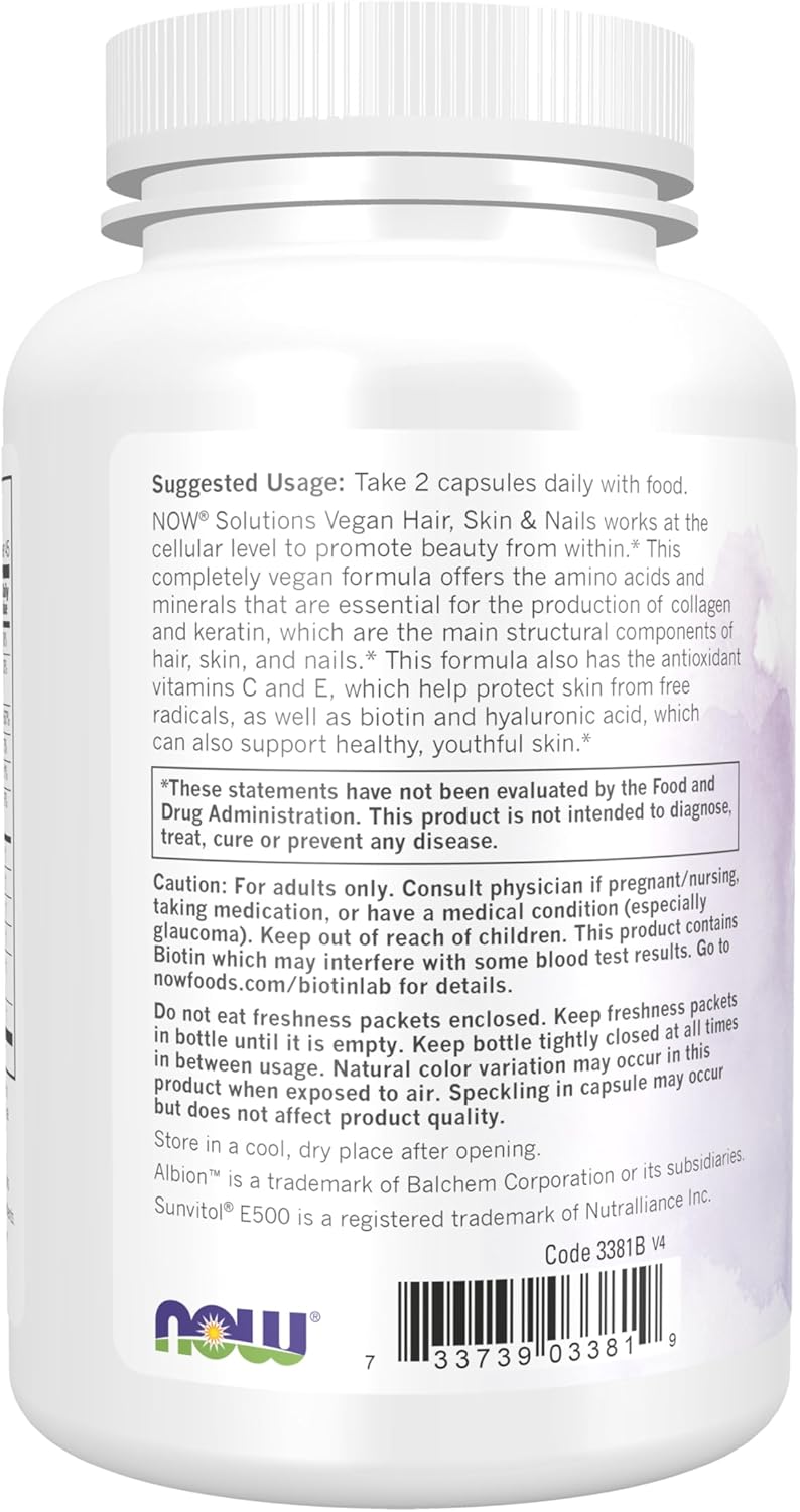 NOW Foods Solutions, Vegan Hair, Skin &amp; Nails, Nutritional Support with 5,000 mcg Biotin, 90 Veg Capsules