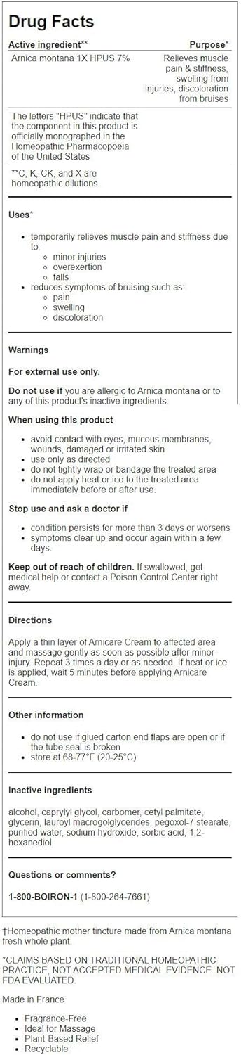 Boiron Arnicare Cream Natural Soothing Relief for Joint Pain, Muscle Pain, Swelling, Soreness, and Stiffness - Fast Absorbing and Fragrance-Free - 2.5 oz