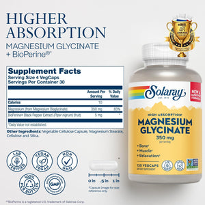 SOLARAY Magnesium Glycinate Capsules, Chelated Magnesium Bisglycinate w/BioPerine, Higher Absorption Magnesium Supplement - Bones, Muscles, Heart Support, Vegan (30 Servings, 120 VegCaps)