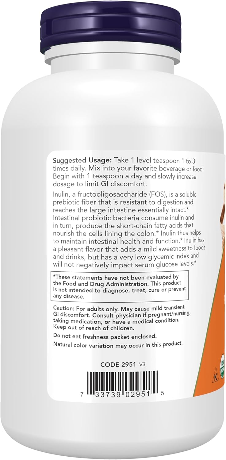 NOW Foods Supplements, Inulin Prebiotic Pure Powder, Certified Organic, Non-GMO Project Verified, Intestinal Support*, 1-Pound