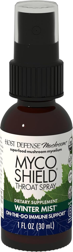Host Defense MycoShield Throat Spray - Immune Health Support - Dietary Mushroom Supplement with Chaga, Reishi, Turkey Tail & More - On-The-Go Immune Support - Winter Mist, 1 fl oz (71 Servings)