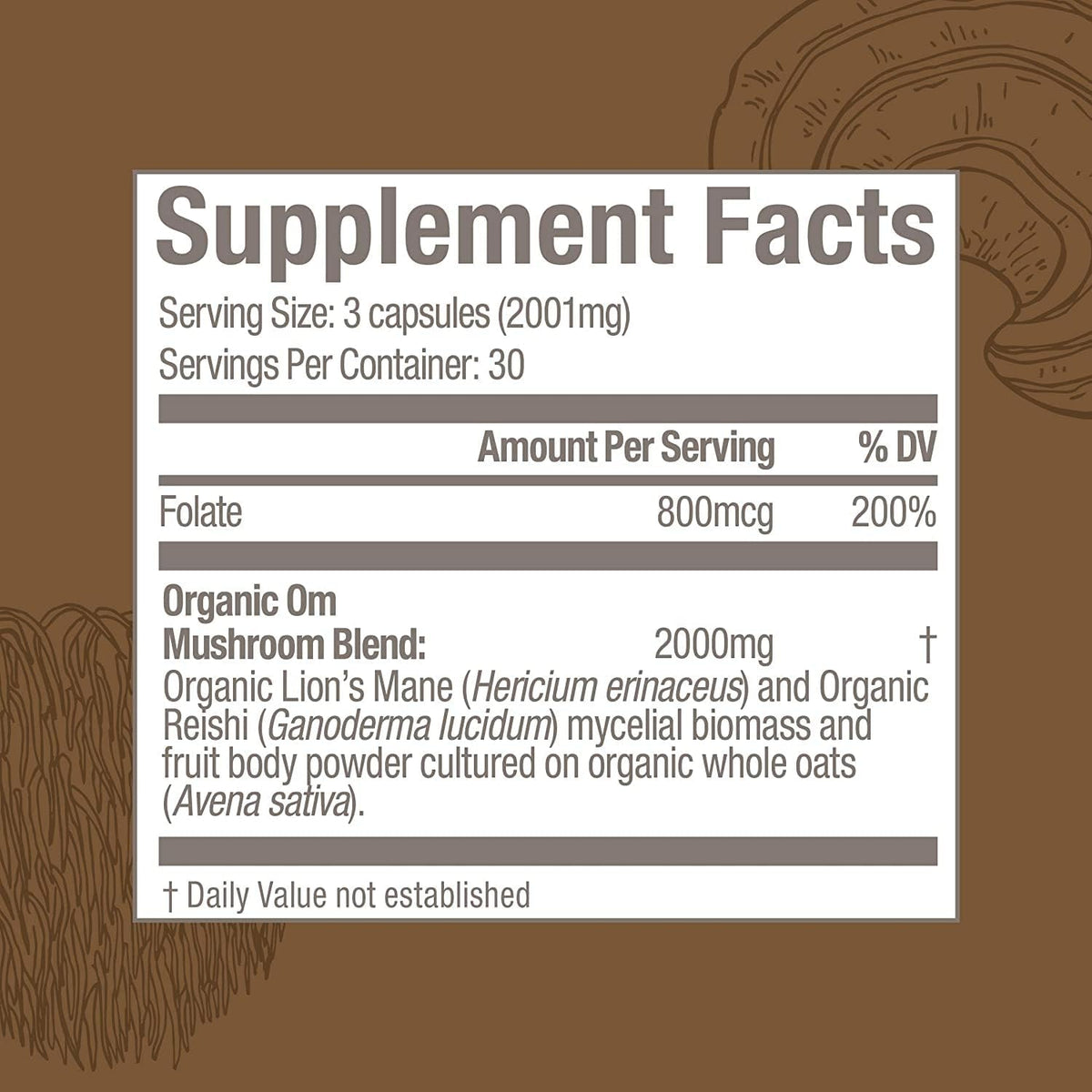 OM MUSHROOM SUPERFOOD Brain Fuel Mushroom Powder Capsules Superfood Supplement, 90 Count, 30 Days, Lion&#39;s Mane, Reishi Blend Plus Folate, Mental Clarity, Mushroom Supplement