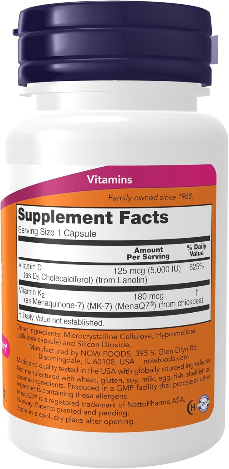 NOW Foods Supplements, Mega D-3 &amp; MK-7 with Vitamins D-3 &amp; K-2, 5,000 IU/180 mcg, Bone &amp; Cardiovascular Support*, 60 Veg Capsules
