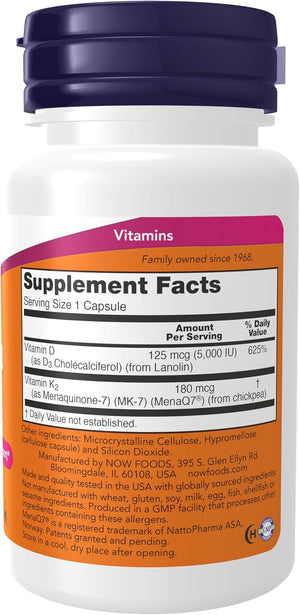 NOW Foods Supplements, Mega D-3 & MK-7 with Vitamins D-3 & K-2, 5,000 IU/180 mcg, Bone & Cardiovascular Support*, 60 Veg Capsules