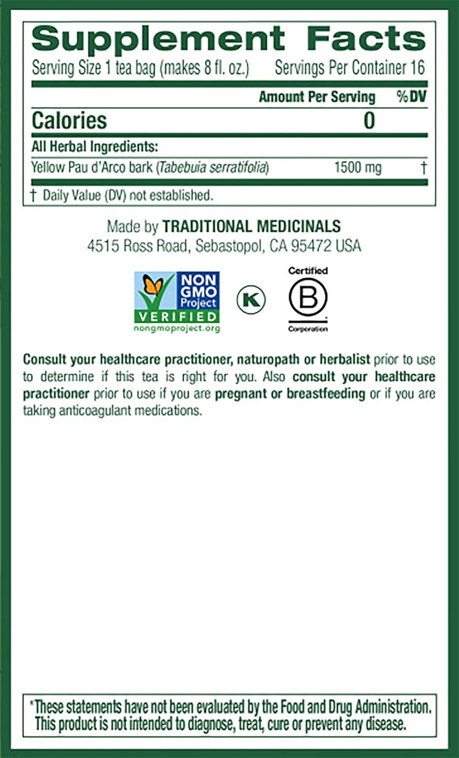 Traditional Medicinals Yellow Pau d&#39;Arco Herbal Tea, 16 Tea Bags