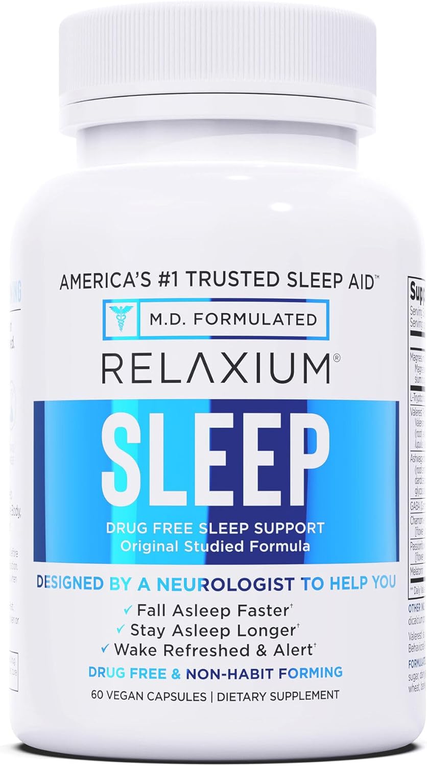 Relaxium Sleep Aid for Adults, Melatonin 5mg with Magnesium Glycinate, Sleep-Promoting Valerest & Ashwagandha, Non-Habit Forming Sleep Supplement, 60 Capsules, 30-Day Supply