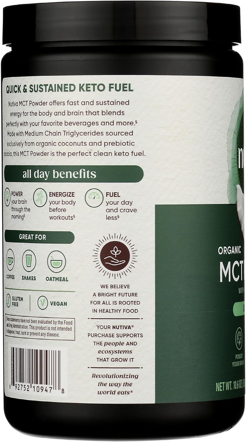 Nutiva Organic MCT Powder with Prebiotic Acacia Fiber, Classic, 10.6 Oz, USDA Organic, Non-GMO, Non-BPA, Vegan, Gluten-Free, Keto &amp; Paleo, Instant Beverage or Boost to Coffee &amp; Smoothies