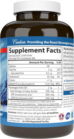 Carlson - The Very Finest Fish Oil, 700 mg Omega-3s, Norwegian Fish Oil Supplement, Wild Caught Omega 3 Fish Oil, Sustainably Sourced Fish Oil Capsules, Omega 3 Supplement, Lemon, 120 Softgels