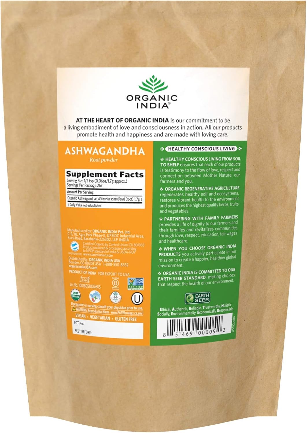 ORGANIC INDIA Ashwagandha Powder Organic - Ashwagandha Root Powder Bulk, Herbal Supplement - Vegan, Gluten-Free, Kosher, Non-GMO, Supports Stress Relief, Energy, and Sleep - 1lb Bag