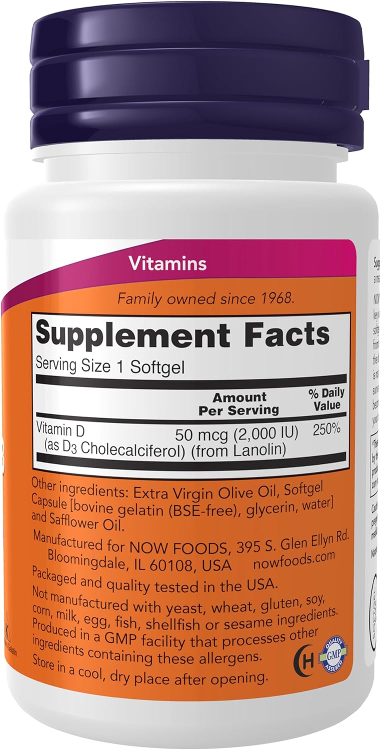 NOW Foods Supplements, Vitamin D-3 2,000 IU, High Potency, Structural Support*, 30 Softgels