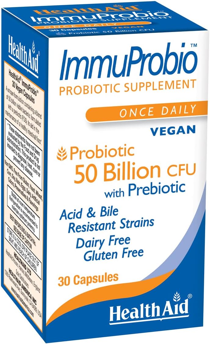 HealthAid ImmuProbio 50 Billion CFU with Prebiotic, 30ct, Once Daily, Acid &amp; Bile Resistant Strains, Dairy &amp; Gluten Free, Vegan
