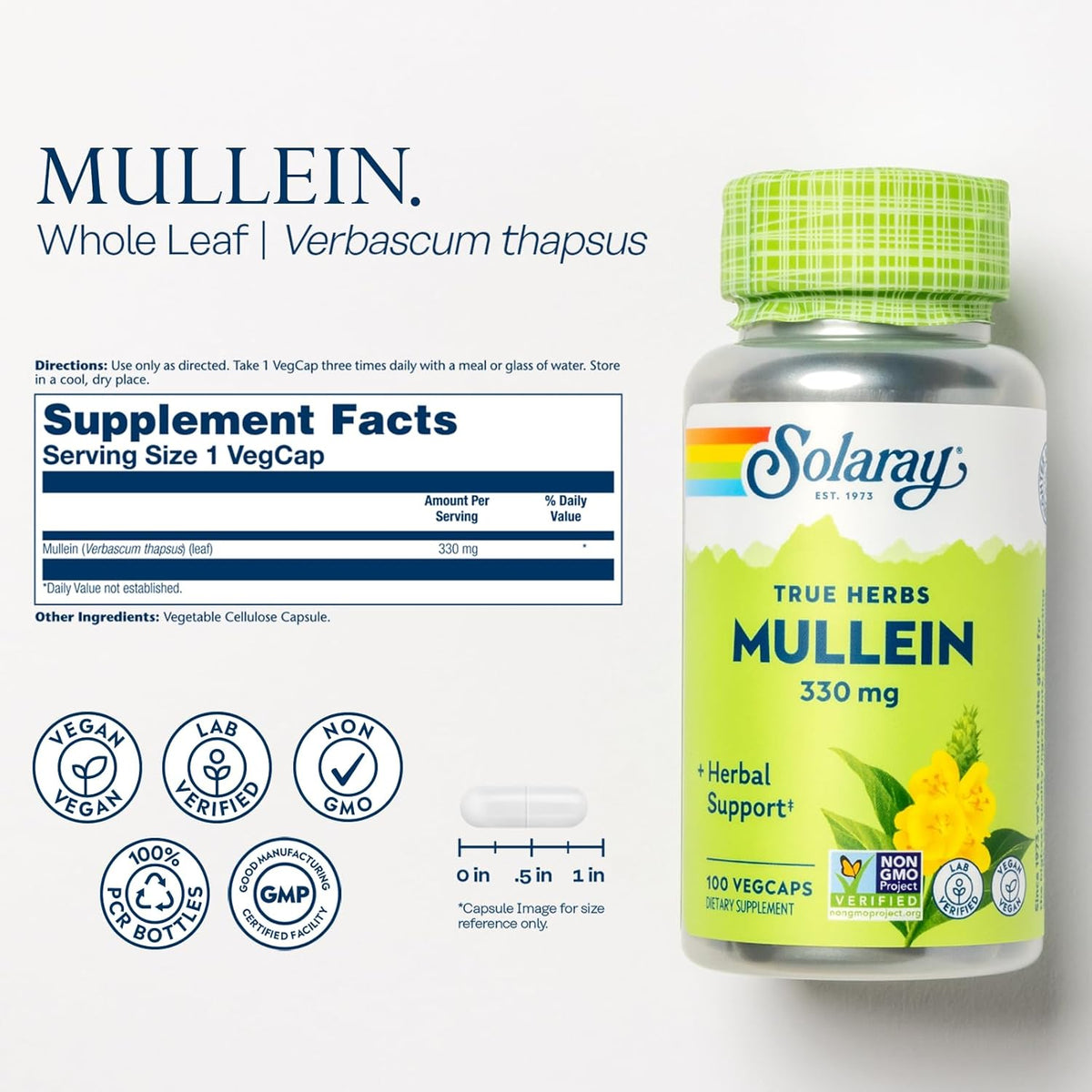 SOLARAY Mullein Leaf 330 mg - Soothing Herbal Support - Mullein Capsules Traditionally Used to Support Health and Wellness - Vegan, Non-GMO, Lab Verified, 60-Day Guarantee, 100 Servings, 100 VegCaps