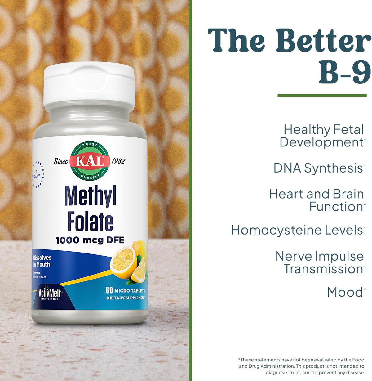 KAL Methyl Folate 1000 mcg, 5-MTHF Active Form, Folic Acid Supplement, Heart Health, Prenatal, Mood and Brain Support, Vegetarian, Natural Lemon ActivMelt, 60-Day Guarantee, 60 Serv, 60 Micro Tablets