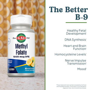 KAL Methyl Folate 1000 mcg, 5-MTHF Active Form, Folic Acid Supplement, Heart Health, Prenatal, Mood and Brain Support, Vegetarian, Natural Lemon ActivMelt, 60-Day Guarantee, 60 Serv, 60 Micro Tablets