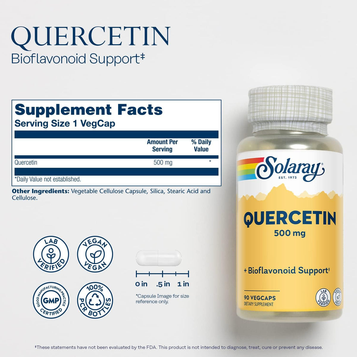 SOLARAY Quercetin 500 mg, Supports Sinus, Respiratory, Immune Function &amp; Normal, Healthy Uric Acid Levels, 90 VegCaps